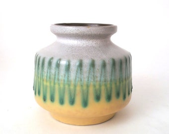 Vintage ceramic vase yellow gray green mid century fat lava vase east Germany 60s space age vase, mid century studio art, mcm ceramic vase