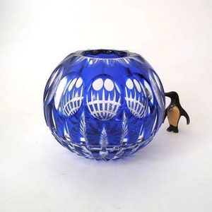 Vintage cut to clear glass vase, spherical lead crystal glass vase, blue mid century 60s crystal glass vase, hand cut glass