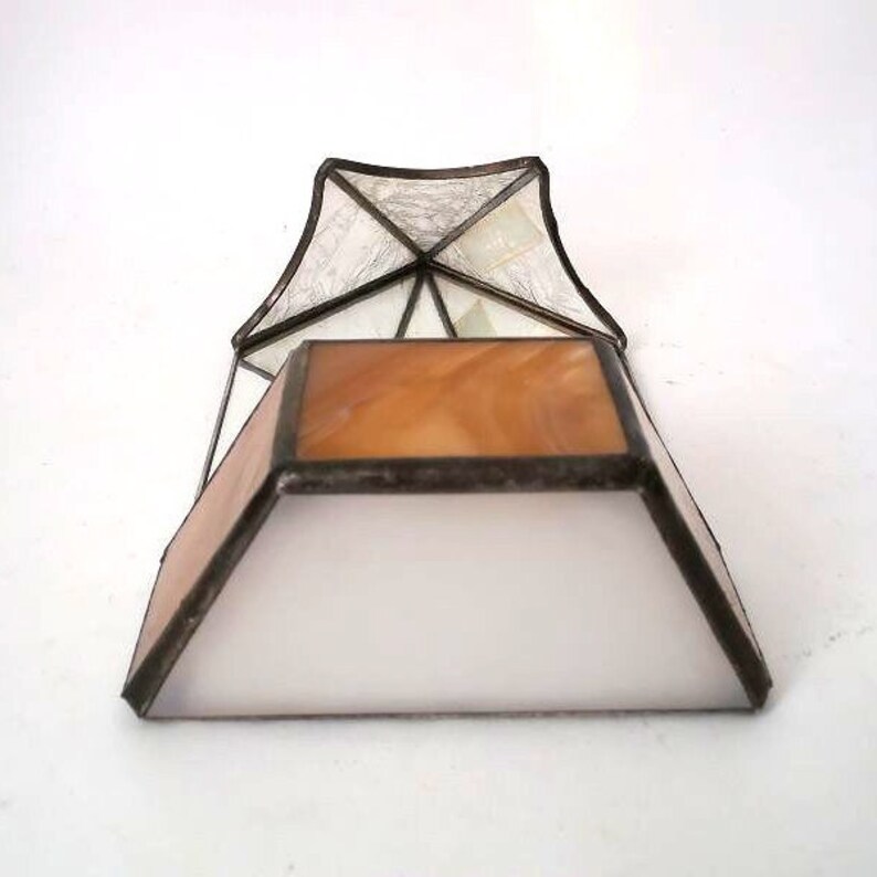 Vintage Tiffany glass greenhouse for cacti, geometric glass terrarium for succulents indoor, mid century table miniature flower display case 画像 10