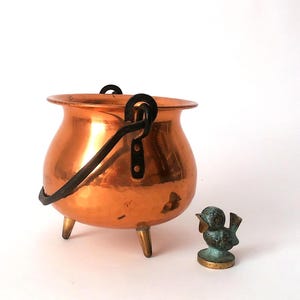 May include: A small copper cauldron with a black handle and three brass-tipped legs. Beside it is a small, verdigris-coloured bird figurine with a brass base. The cauldron has a hammered texture.