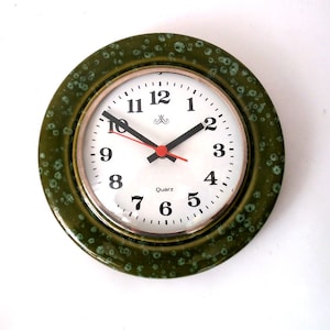 Ceramic wall clock, green circular kitchen wall clock, West Germany Meister Anker, space age clock mid century modern wall clock