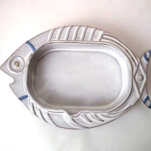 Vintage 90s ceramic - clay fish dish for canned goods, bowl for olives, festive table decoration