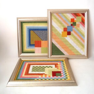Vintage constructivism art embroidery picture, geometric forms mid century framed wall art, German embroidery wall hanging