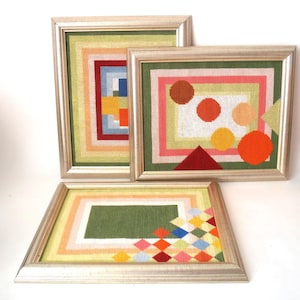 Vintage constructivism art embroidery picture, geometric forms mid century framed wall art, German embroidery wall hanging