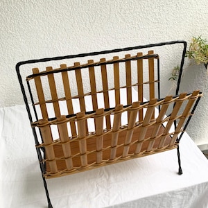 Mid century magazine rack, newspaper stand, black metal wicker rattan magazine rack, West Germany, MCM metal furniture - vintage interior