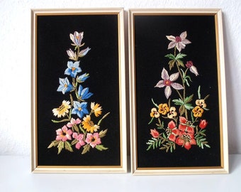 Set of two vintage embroidery flower pictures, 60s embroidery flower picture, mid century framed wall art