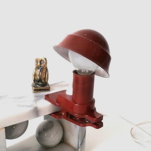Vintage mini mushroom clamp lamp in oxblood red, book reading lamp art deco style, vintage clamp lamp