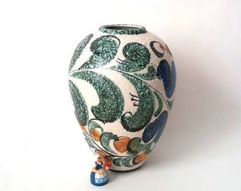 Large vintage 60s ceramic vase, mid century vase,West German pottery vase, studio art, mcm vintage hand painted flower  ceramic vase wgp