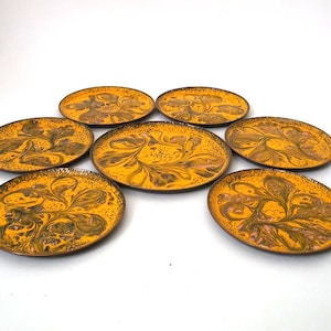 Mid century enamel coasters, set of 7 enamel on copper coasters, 1960s German vintage, mcm barware coasters, vintage party retro bar cart