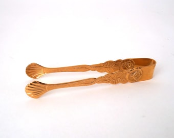 Vintage golden colored sugar tong, rose wedding flatware, gold Hildesheimer rose decor sugar tong, mcm gold colored flatware rose