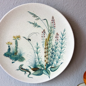 Large ceramic wall plate - mid century modern art wall plate - handpainted - botanical - craquele - R0097