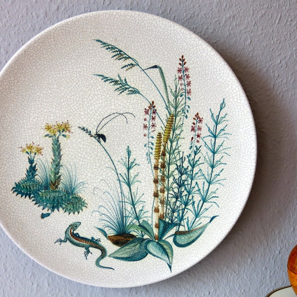 Large ceramic wall plate - mid century modern art wall plate - handpainted - botanical - craquele