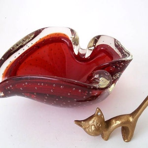 60s Murano ashtray colorless glass with red interior catch & bubble net, red sommerso glass bowl italian art glass, collectible glass Murano