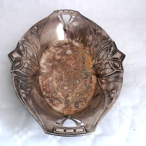 Antique Wmf art nouveau cake basket, Wmf M 1/0 OX dish, art nouveau embossed decor plate, Wmf M silver plated bowl, silver on brass Wmf bowl