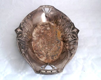 Antique Wmf art nouveau cake basket, Wmf M 1/0 OX dish, art nouveau embossed decor plate, Wmf M silver plated bowl, silver on brass Wmf bowl