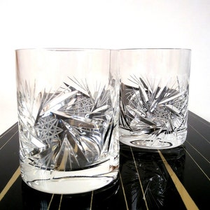 Vintage lead crystal whiskey glasses hand cut, mid century whisky tumblers , set of 2 low ball whisky glasses hand sanded, mcm German glas