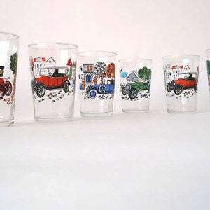 Vintage lemonade glasses, set of 6 water glasses, old timer car motiv glasses, 60s German antique car hightball glasses, retro drink ware