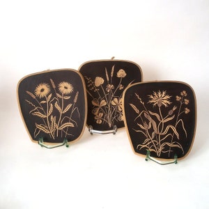 Vintage ceramic wall plaque with carved meadow herbs, mcm wall hanging, mid century  East German ceramic wall art, herbs picture