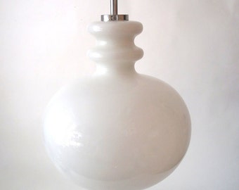 XL mid century white overlay glass ceiling lamp 60s 70s, vintage glass pendant lamp, original retro space age pendant lamp white glass