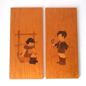 2 vintage wooden inlay pictures, mid century wall art, romantic motive, folk art , wooden wall decoration, Germany 60s , signed wood art