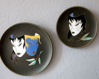 Set of two Ruscha wall plates - vintage wall plate - masks - Ruscha Germany - german pottery - handpainted