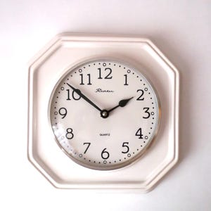 Ceramic wall clock, white octagonal kitchen wall clock, West Germany, mid century modern pottery clock, 1970s, 70s space age clock