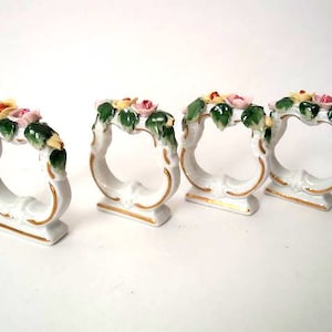 Set of 4 porcelain napkin rings Dresden design Sandizell handmade W Germany, mcm floral napkin r