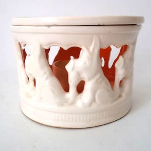 Vintage Art Deco ceramic tea cosies with dog breed Schnauzer relief figurines, antique dish rechaud, tea warmer art deco Germany, weenie