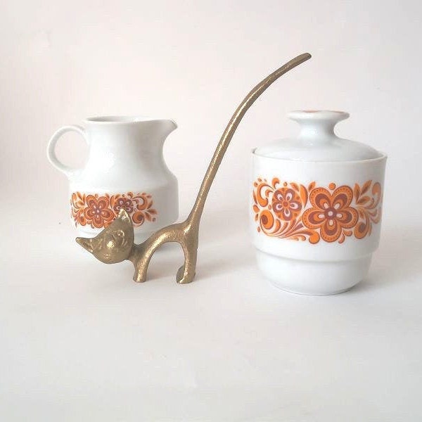 Vintage 70s dish orange red porcelain Bareuther Waldsassen, creamer and sugar bowl, retro tea for two, made in Germany mid century 70s dish