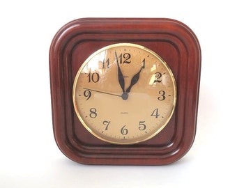 Mid century wall clock, Europa wall clock, vintage brass clock, German mid century clock, 70s mcm wall clock, wood framed  1970s wall clock