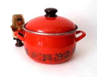 Vintage cooking soup pot, enamel cooking pot 70s, German mid century dish, retro kitchen, vintage 70s, vintage enamel stockpot, Soup kitchen