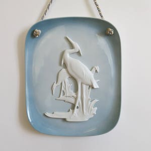 Vintage porcelain wall plaque, bird wall hanging, mid century modern, german porcelain wall art, crane porcelain picture, mcm wall hanging