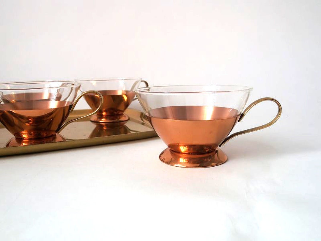 Mid Century Copper Tea Set 6 Jena Glass Cups on a Brass Tray Etsy