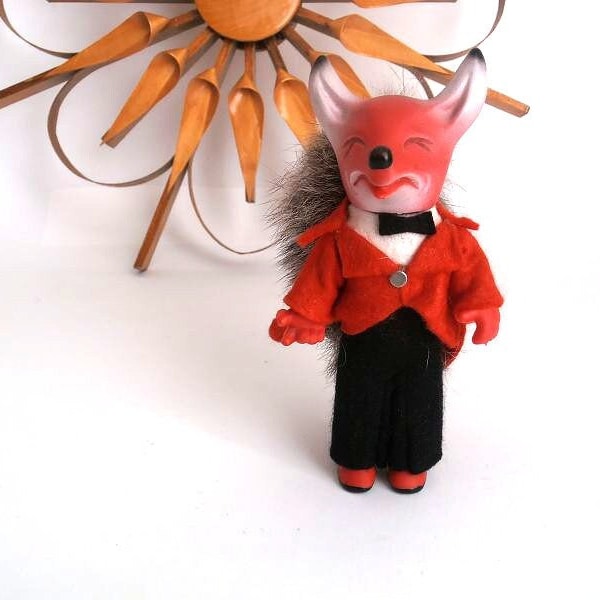 Rubber doll red fox, east German child television promotional advertising figure, Mr. fox figur, Herr Fuchs male imp, gnome, brownie, goblin