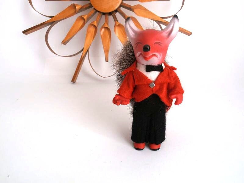 Rubber doll red fox, east German child television promotional advertising figure, Mr. fox figur, Herr Fuchs male imp, gnome, brownie, goblin