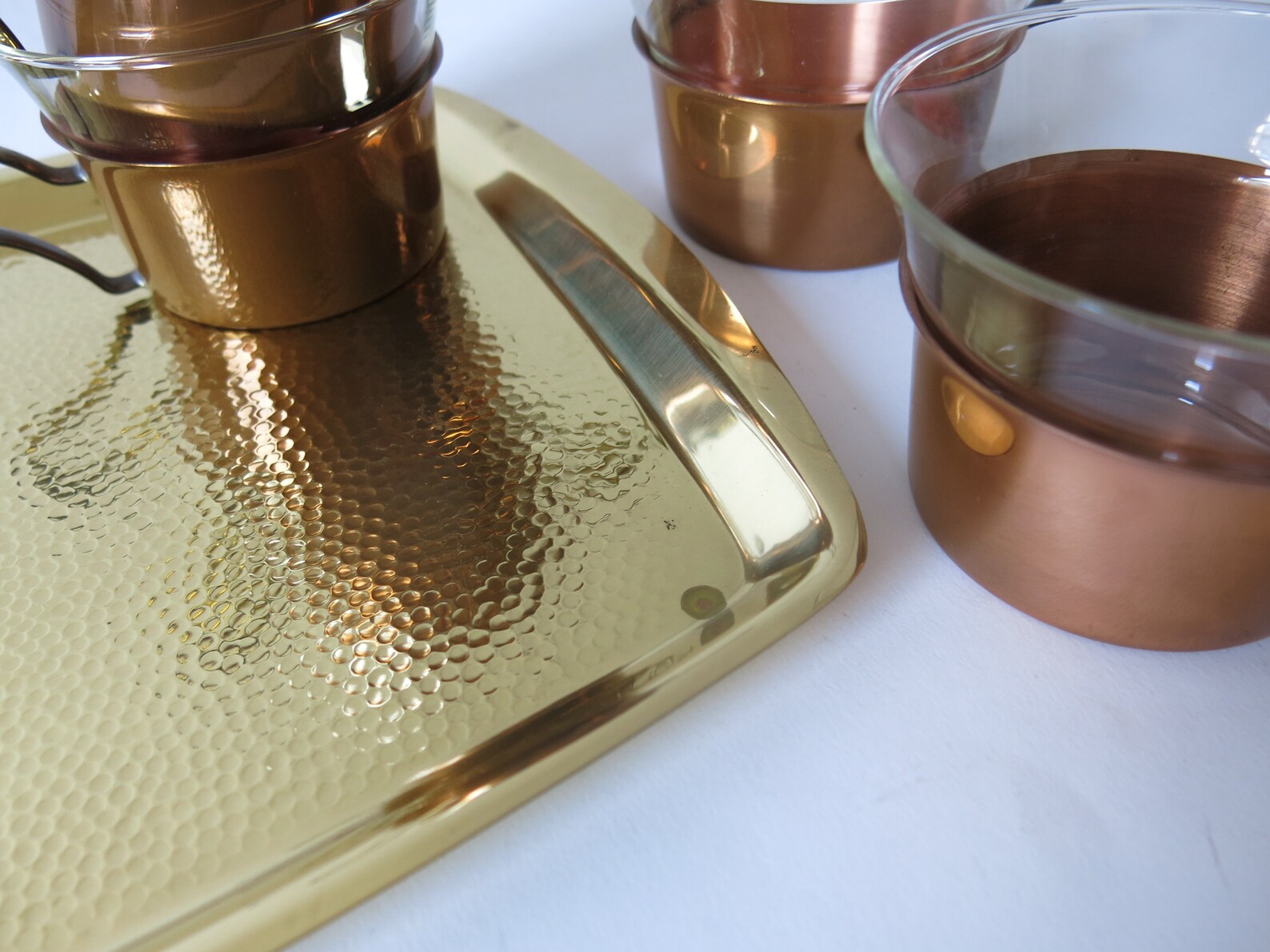 Mid century copper tea set 6 Jena glass cups on a brass tray Etsy