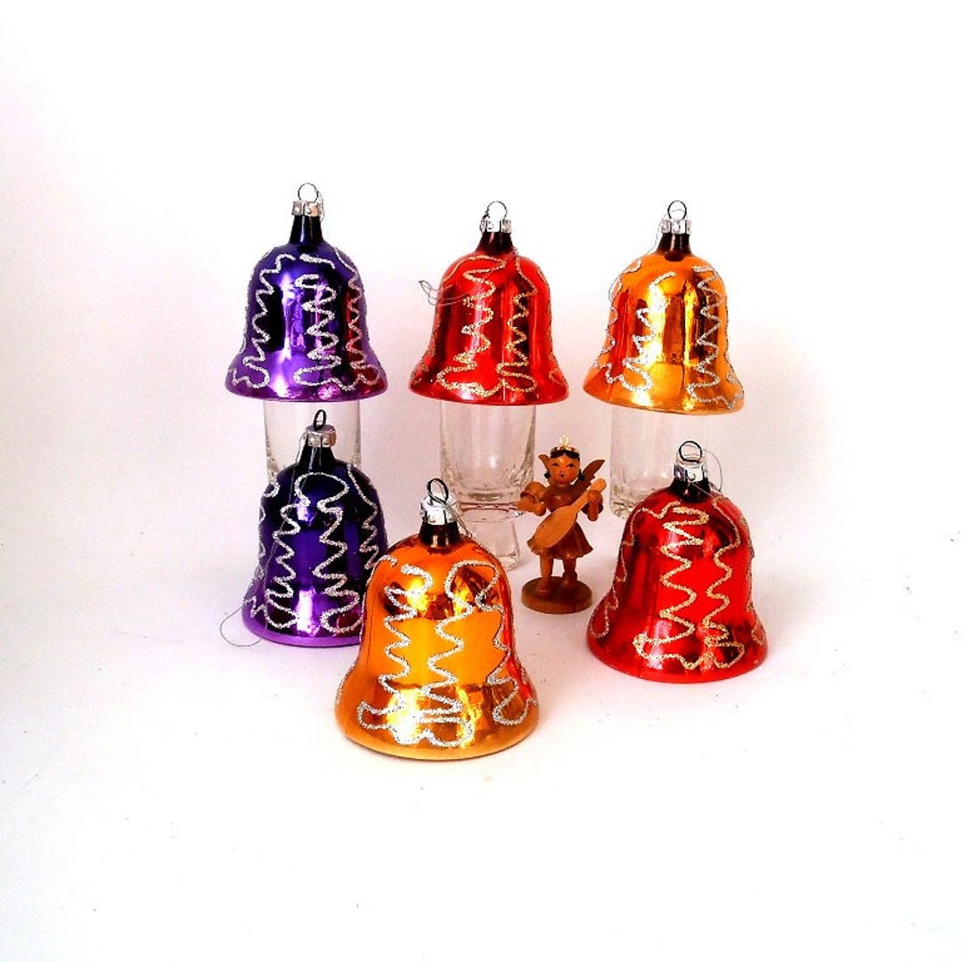 XL Vintage East German Christmas Ornaments Bell Shape, Set of 6 Glitter