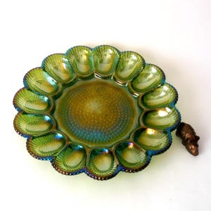 Carnival glass egg dish, glass deviled egg plate, retro kitchen decor, iridescnet indiana glass egg serving tray, farmhouse chic decor