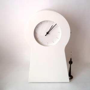 Vintage mantel clock with integrated cabinet Ikea Ps 1995 made of metal white lacquered, 90s German clock, popart clock, modern mantel clock