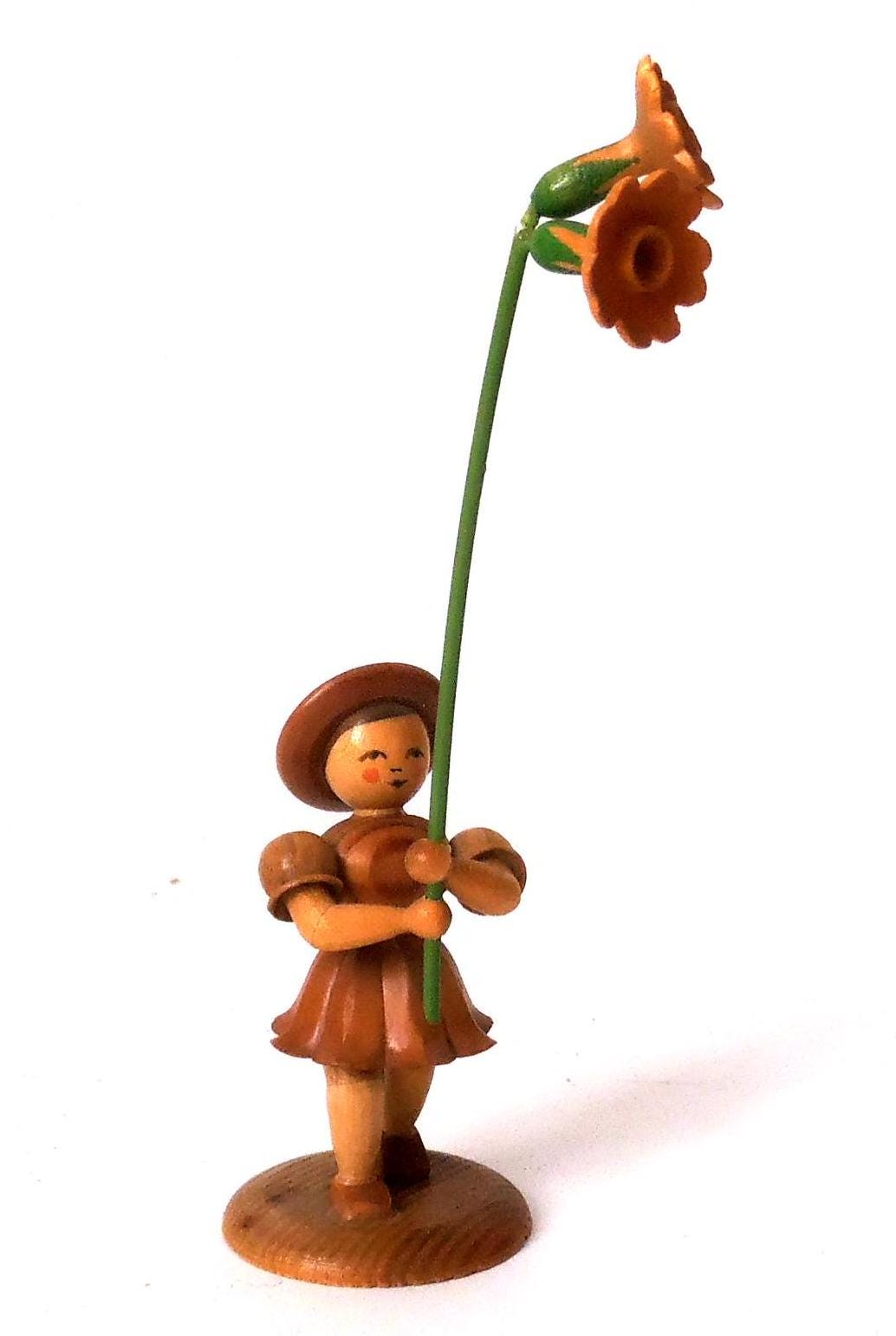 Mid Century Wooden Ore Mountain Figurine Flower Child 60s, Vintage
