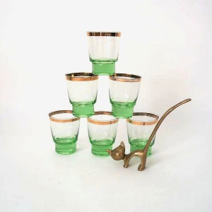 6 vintage modern cognac bowls, green stemmed glasses, brandy shot glasses, 60s glass, classic modernist design, mid century gold rim glass