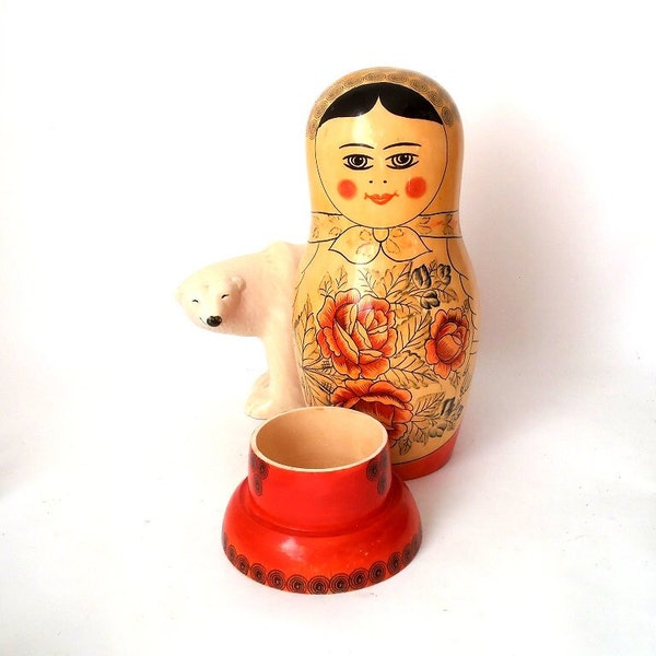 Vintage matryoshka wooden doll as bottle holder hand painted babushka, russian vintage, 70/60s Zagorsk folk art, mid century wooden  doll