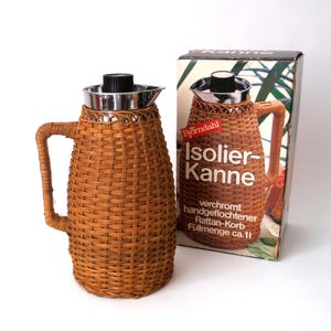 Vintage thermos bottle designed by Björndahl 1 liter, insulated carafe in a rattan cover, boho thermos jug