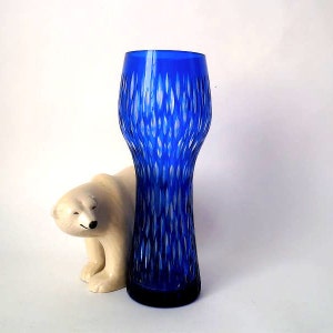 60s vintage GDR glass vase Derenburg cut to clear glass vase, blue mid century crystal glass vase, hand cut colored glass faceted glass vase