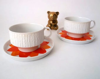Mid century tea cup set of two, Thomas Rosenthal Arcta orange Richard Scharrer, bisque matte coffee cup, West Germany 60s mcm tea cup