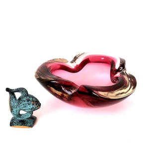 60s Murano ashtray clear glass with berry-coloured burgundy interior, sommerso glass bowl italian, collectible art glass ashtray