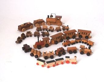 Vintage miniature wooden trains, toy trains, wooden train sets, Loquai wooden art wooden railway, wooden locomotives with  baggage cars