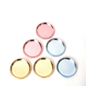 Vintage rockabilly mid century coaster set, 6 anodized aluminum holders, 60s coaster set East Germany mcm, anodized bar accessories