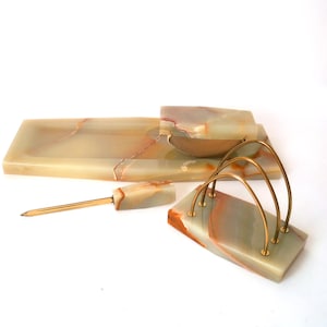 Vintage 70s green onyx desk tidy set, 70s letter rack with marble stand, alabaster letter opener, retro stationary item mid century pen tray