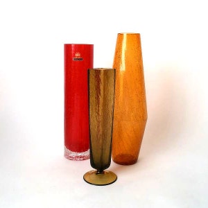 Set of 3 vintage crackled glass Vase, 50s glass vase, German glass vase mid century modern glass, colored crackled glass vase, Ingrid glass